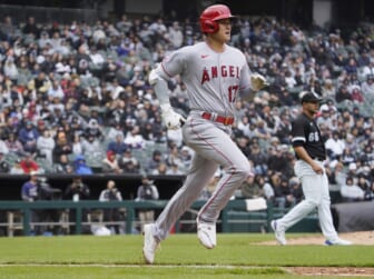 May 1, 2022; Chicago, Illinois, USA; Los Angeles Angels designated hitter Shohei Ohtani (17) runs to first base as he hits into a double play against the Chicago White Sox during the seventh inning at Guaranteed Rate Field. Mandatory Credit: David Banks-USA TODAY Sports