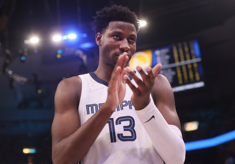 May 1, 2022; Memphis, Tennessee, USA; Memphis Grizzlies forward Jaren Jackson Jr. celebrates during the first half against the Golden State Warriors during game one of the second round for the 2022 NBA playoffs at FedExForum. Mandatory Credit: Joe Rondone-USA TODAY Sports