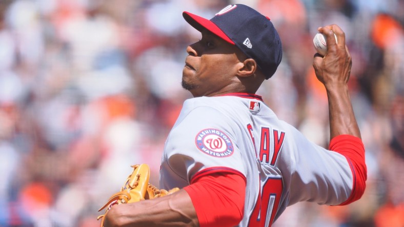 May 1, 2022; San Francisco, California, USA; Washington Nationals starting pitcher Josiah Gray (40) pitches the ball against the San Francisco Giants during the fourth inning at Oracle Park. Mandatory Credit: Kelley L Cox-USA TODAY Sports