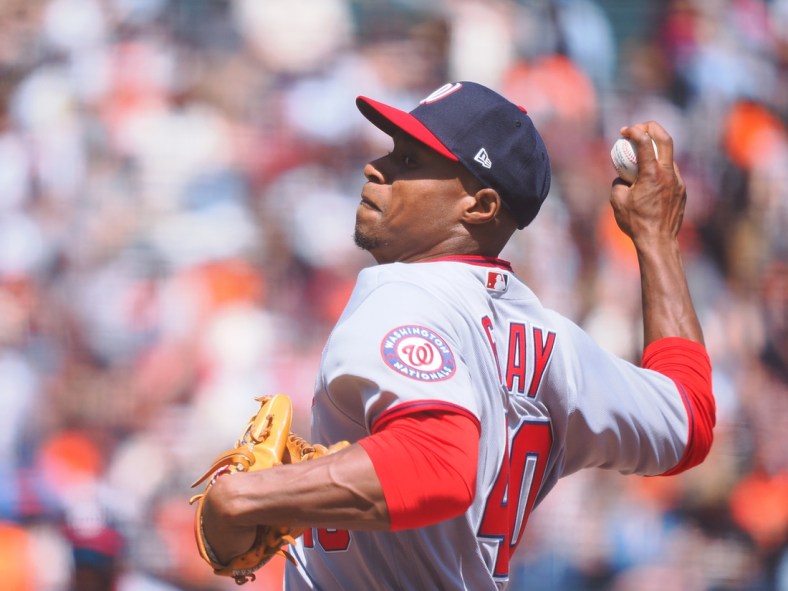 May 1, 2022; San Francisco, California, USA; Washington Nationals starting pitcher Josiah Gray (40) pitches the ball against the San Francisco Giants during the fourth inning at Oracle Park. Mandatory Credit: Kelley L Cox-USA TODAY Sports