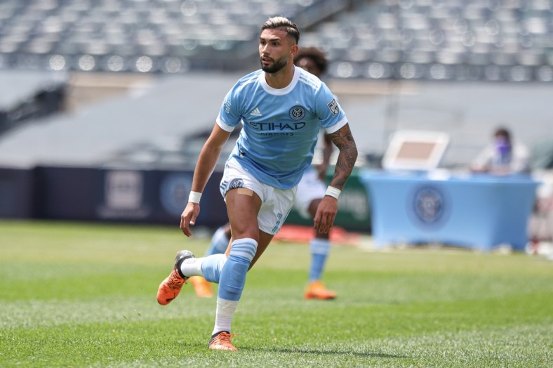 May 1, 2022; New York, New York, USA; New York City FC midfielder Valentin Castellanos (11) runs up field during the first half against the San Jose Earthquakes at Yankee Stadium. Mandatory Credit: Vincent Carchietta-USA TODAY Sports