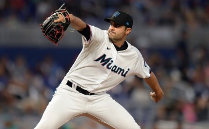 May 1, 2022; Miami, Florida, USA; Miami Marlins relief pitcher Richard Bleier (35) delivers against the Seattle Mariners in the eighth inning at loanDepot Park. Mandatory Credit: Jim Rassol-USA TODAY Sports