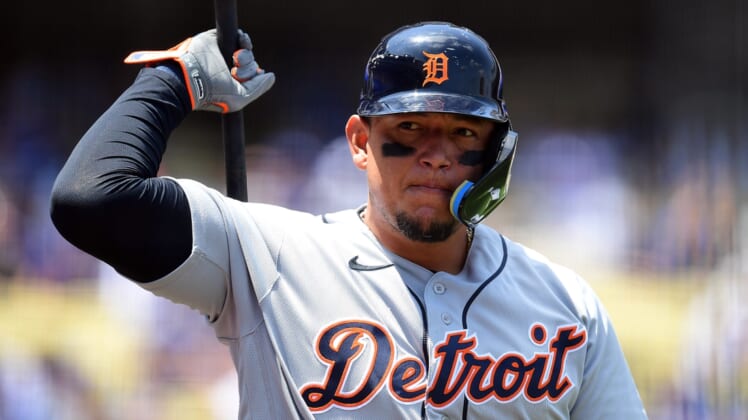 May 1, 2022; Los Angeles, California, USA; Detroit Tigers designated hitter Miguel Cabrera (24) on deck before hitting against the Los Angeles Dodgers during the first inning at Dodger Stadium. Mandatory Credit: Gary A. Vasquez-USA TODAY Sports