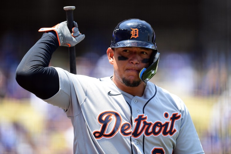 May 1, 2022; Los Angeles, California, USA; Detroit Tigers designated hitter Miguel Cabrera (24) on deck before hitting against the Los Angeles Dodgers during the first inning at Dodger Stadium. Mandatory Credit: Gary A. Vasquez-USA TODAY Sports