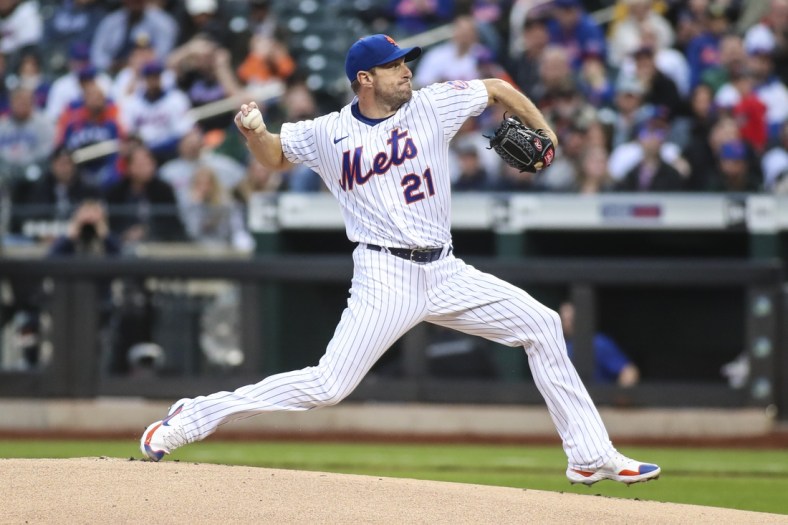 May 1, 2022; New York City, New York, USA;  New York Mets starting pitcher Max Scherzer (21) pitches in the first inning against the Philadelphia Phillies at Citi Field. Mandatory Credit: Wendell Cruz-USA TODAY Sports