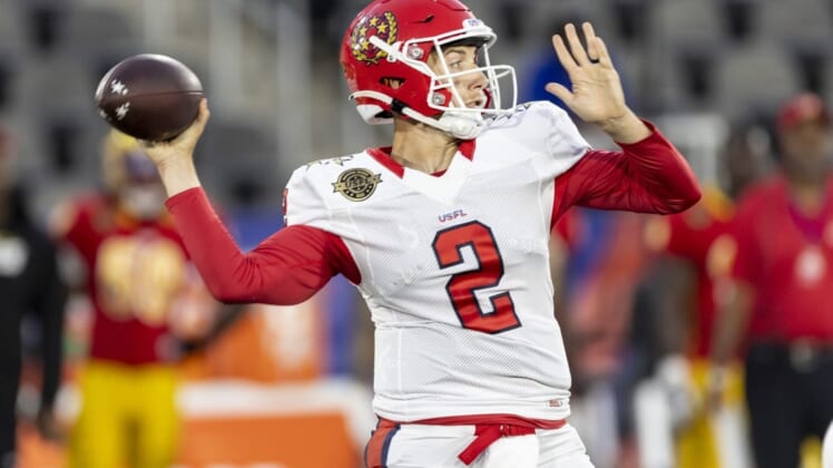 May 1, 2022; Birmingham, AL, USA; New Jersey Generals quarterback Luis Perez (2) throws against the Philadelphia Stars during the first half at Protective Park. Mandatory Credit: Vasha Hunt-USA TODAY Sports