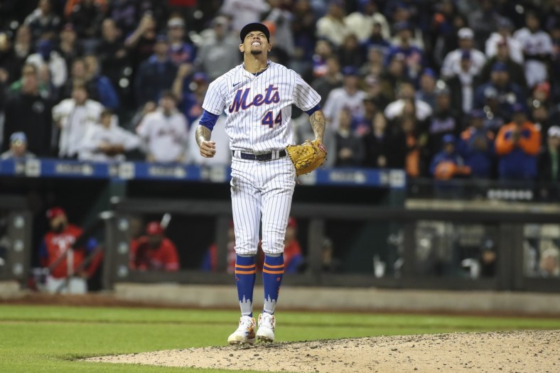 May 1, 2022; New York City, New York, USA;  New York Mets pitcher Yoan Lopez (44) races after hitting a batter in the ninth inning against the Philadelphia Phillies at Citi Field. Mandatory Credit: Wendell Cruz-USA TODAY Sports