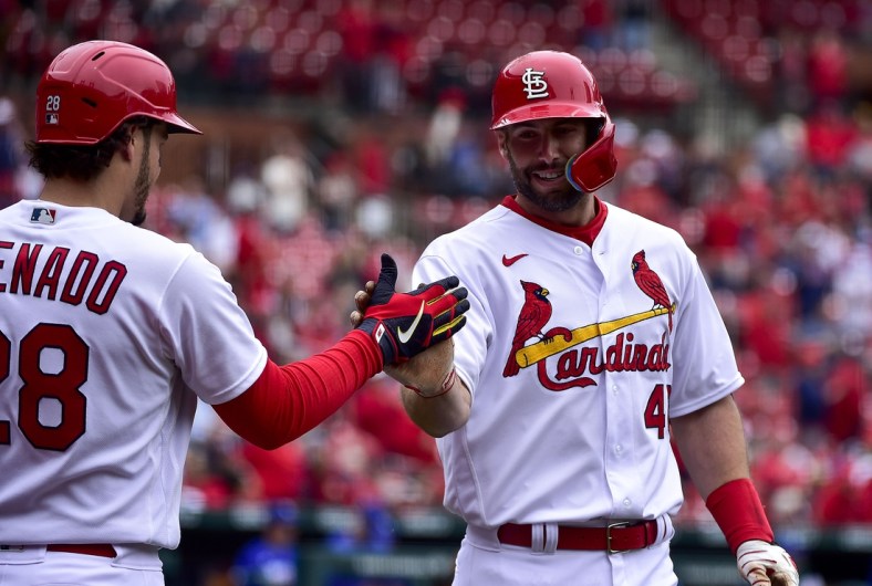 May 2, 2022; St. Louis, Missouri, USA;  St. Louis Cardinals first baseman Paul Goldschmidt (46) celebrates with third baseman Nolan Arenado (28) after hitting a solo home run against the Kansas City Royals during the first inning at Busch Stadium. Mandatory Credit: Jeff Curry-USA TODAY Sports