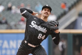 May 2, 2022; Chicago, Illinois, USA; Chicago White Sox starting pitcher Dylan Cease (84) delivers against the Los Angeles Angels during the first inning at Guaranteed Rate Field. Mandatory Credit: Kamil Krzaczynski-USA TODAY Sports