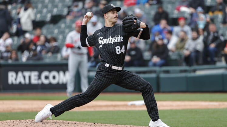 May 2, 2022; Chicago, Illinois, USA; Chicago White Sox starting pitcher Dylan Cease (84) delivers against the Los Angeles Angels during the third inning at Guaranteed Rate Field. Mandatory Credit: Kamil Krzaczynski-USA TODAY Sports