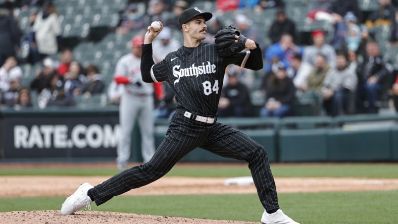 May 2, 2022; Chicago, Illinois, USA; Chicago White Sox starting pitcher Dylan Cease (84) delivers against the Los Angeles Angels during the third inning at Guaranteed Rate Field. Mandatory Credit: Kamil Krzaczynski-USA TODAY Sports