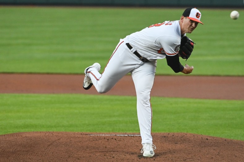 May 2, 2022; Baltimore, Maryland, USA;  Baltimore Orioles starting pitcher Tyler Wells (68) delivers a first inning pitch against the Minnesota Twins at Oriole Park at Camden Yards. Mandatory Credit: Tommy Gilligan-USA TODAY Sports
