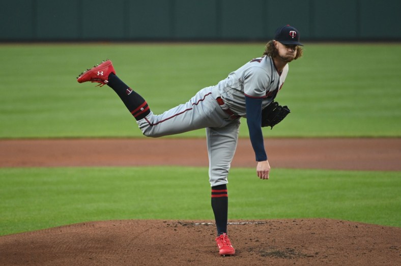 May 2, 2022; Baltimore, Maryland, USA;  Minnesota Twins starting pitcher Chris Paddack (20) follow through on a first inning pitch against the Baltimore Orioles at Oriole Park at Camden Yards. Mandatory Credit: Tommy Gilligan-USA TODAY Sports