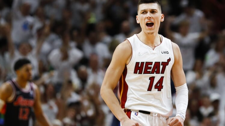May 2, 2022; Miami, Florida, USA; Miami Heat guard Tyler Herro (14) reacts after scoring in the third quarter against the Philadelphia 76ers during game one of the second round for the 2022 NBA playoffs at FTX Arena. Mandatory Credit: Sam Navarro-USA TODAY Sports