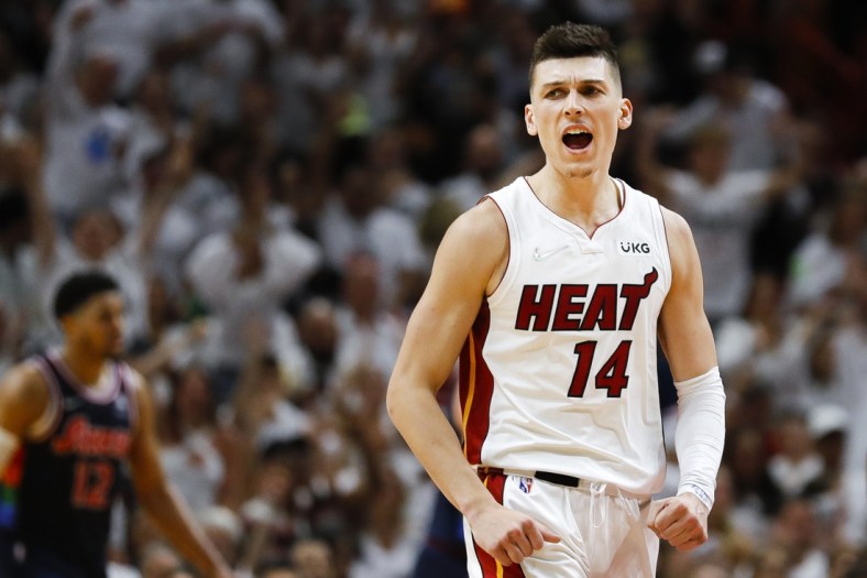 May 2, 2022; Miami, Florida, USA; Miami Heat guard Tyler Herro (14) reacts after scoring in the third quarter against the Philadelphia 76ers during game one of the second round for the 2022 NBA playoffs at FTX Arena. Mandatory Credit: Sam Navarro-USA TODAY Sports