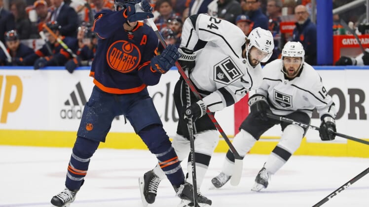 May 2, 2022; Edmonton, Alberta, CAN; Edmonton Oilers forward Ryan Nugent-Hopkins (93) defends against Los Angeles Kings forward Phillip Danault (24) during the second period in game one of the first round of the 2022 Stanley Cup Playoffs at Rogers Place. Mandatory Credit: Perry Nelson-USA TODAY Sports