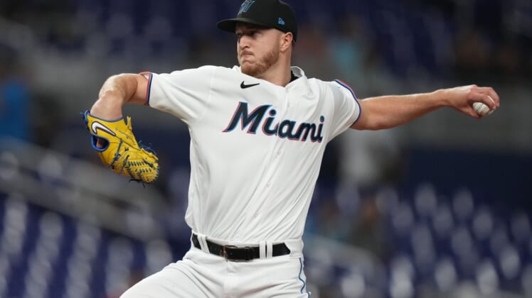 May 3, 2022; Miami, Florida, USA; Miami Marlins starting pitcher Trevor Rogers (28) delivers a pitch in the first inning against the Arizona Diamondbacks at loanDepot park. Mandatory Credit: Jasen Vinlove-USA TODAY Sports