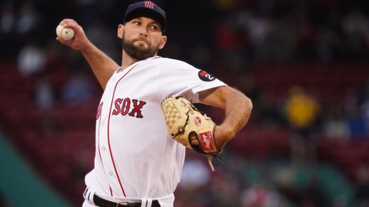 May 3, 2022; Boston, Massachusetts, USA; Boston Red Sox starting pitcher Michael Wacha (52) throws a pitch against the Los Angeles Angels in the first inning at Fenway Park. Mandatory Credit: David Butler II-USA TODAY Sports