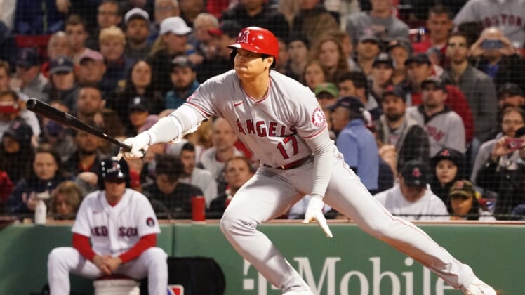May 3, 2022; Boston, Massachusetts, USA; Los Angeles Angels designated hitter Shohei Ohtani (17) singles to right center against the Boston Red Sox  in the fourth inning at Fenway Park. Mandatory Credit: David Butler II-USA TODAY Sports