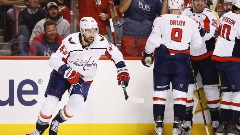 May 3, 2022; Sunrise, Florida, USA; Washington Capitals right wing Tom Wilson (43) celebrates after scoring during the first period against the Florida Panthers in game one of the first round of the 2022 Stanley Cup Playoffs at FLA Live Arena. Mandatory Credit: Sam Navarro-USA TODAY Sports