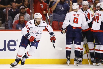 May 3, 2022; Sunrise, Florida, USA; Washington Capitals right wing Tom Wilson (43) celebrates after scoring during the first period against the Florida Panthers in game one of the first round of the 2022 Stanley Cup Playoffs at FLA Live Arena. Mandatory Credit: Sam Navarro-USA TODAY Sports