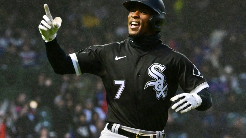 May 3, 2022; Chicago, Illinois, USA; Chicago White Sox shortstop Tim Anderson (7) reacts after his solo home run in the third inning against the Chicago Cubs at Wrigley Field. Mandatory Credit: Quinn Harris-USA TODAY Sports