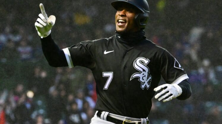 May 3, 2022; Chicago, Illinois, USA; Chicago White Sox shortstop Tim Anderson (7) reacts after his solo home run in the third inning against the Chicago Cubs at Wrigley Field. Mandatory Credit: Quinn Harris-USA TODAY Sports