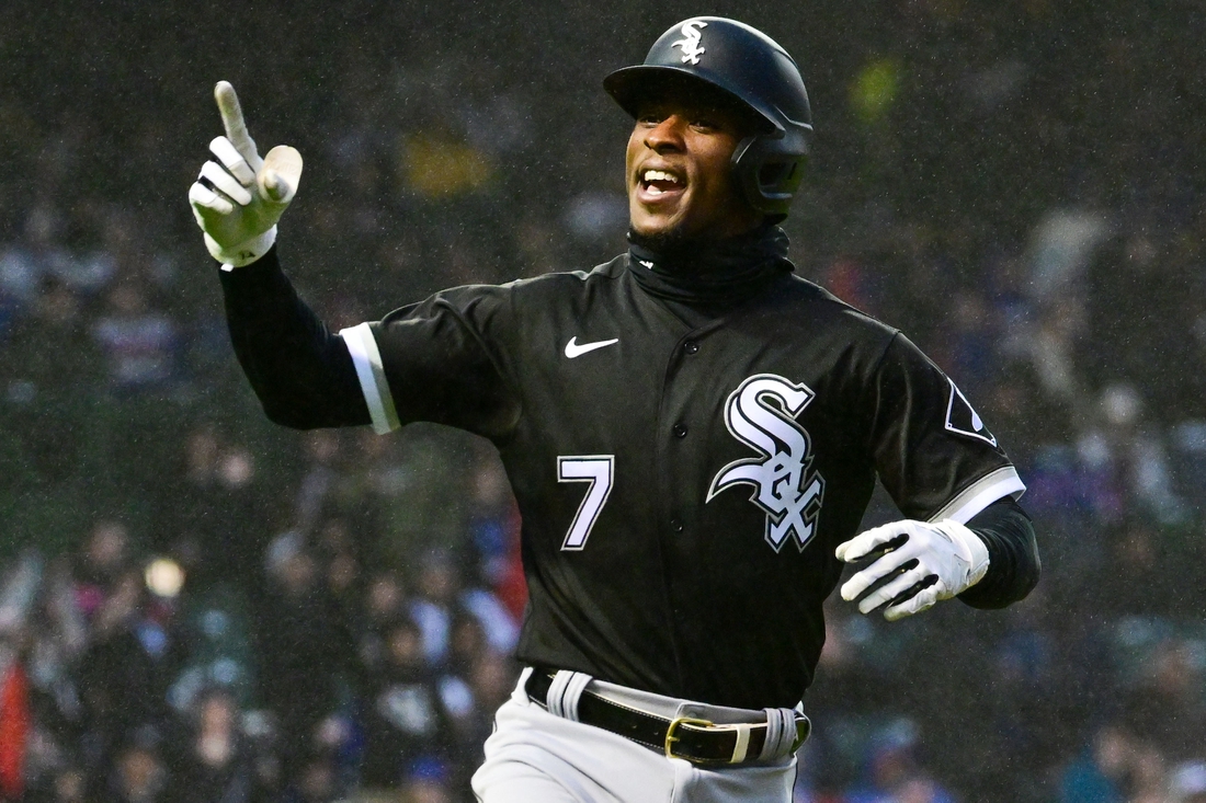 May 3, 2022; Chicago, Illinois, USA; Chicago White Sox shortstop Tim Anderson (7) reacts after his solo home run in the third inning against the Chicago Cubs at Wrigley Field. Mandatory Credit: Quinn Harris-USA TODAY Sports