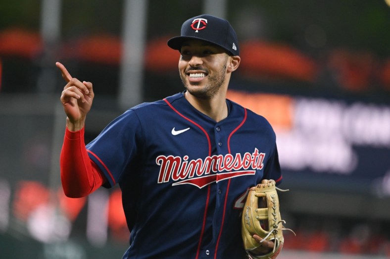 May 3, 2022; Baltimore, Maryland, USA;  Minnesota Twins shortstop Carlos Correa (4) runs off the field after the second inning against the Baltimore Orioles at Oriole Park at Camden Yards. Mandatory Credit: Tommy Gilligan-USA TODAY Sports