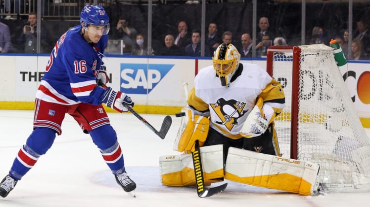 May 3, 2022; New York, New York, USA; Pittsburgh Penguins goaltender Casey DeSmith (1) makes a save against New York Rangers center Ryan Strome (16) during the second period in game one of the first round of the 2022 Stanley Cup Playoffs at Madison Square Garden. Mandatory Credit: Vincent Carchietta-USA TODAY Sports