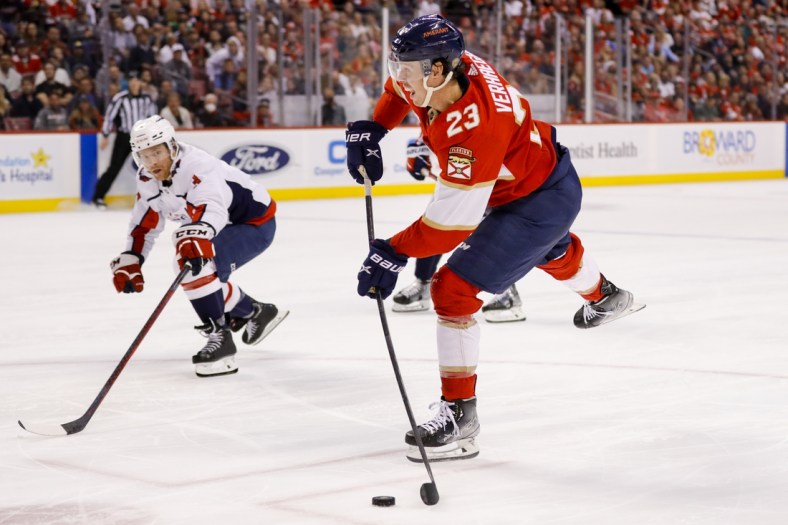 May 3, 2022; Sunrise, Florida, USA; Florida Panthers center Carter Verhaeghe (23) shoots the puck during the second period against the Washington Capitals in game one of the first round of the 2022 Stanley Cup Playoffs at FLA Live Arena. Mandatory Credit: Sam Navarro-USA TODAY Sports
