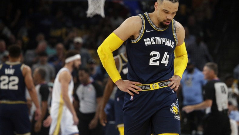 May 3, 2022; Memphis, Tennessee, USA; Memphis Grizzlies guard Dillon Brooks (24) walks off the court after a flagrant two foul was call on him during the first half in game two of the second round for the 2022 NBA playoffs against the Golden State Warriors at FedExForum. Mandatory Credit: Petre Thomas-USA TODAY Sports