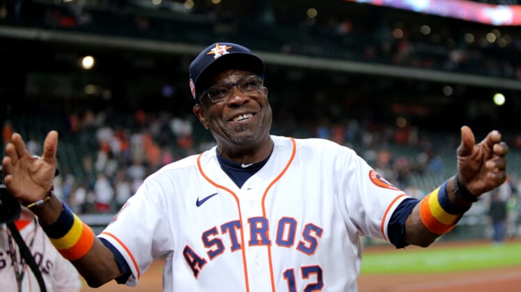 May 3, 2022; Houston, Texas, USA; Houston Astros manager Dusty Baker Jr. (12) acknowledges the fans following Houston's 4-0 over the Seattle Mariners at Minute Maid Park. The win is the 2000th in Baker's managerial career. Mandatory Credit: Erik Williams-USA TODAY Sports