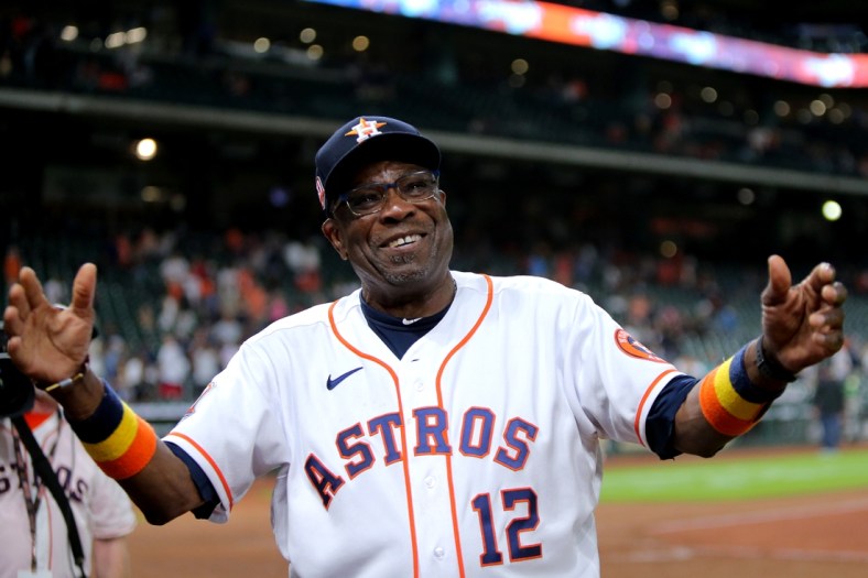 May 3, 2022; Houston, Texas, USA; Houston Astros manager Dusty Baker Jr. (12) acknowledges the fans following Houston's 4-0 over the Seattle Mariners at Minute Maid Park. The win is the 2000th in Baker's managerial career. Mandatory Credit: Erik Williams-USA TODAY Sports