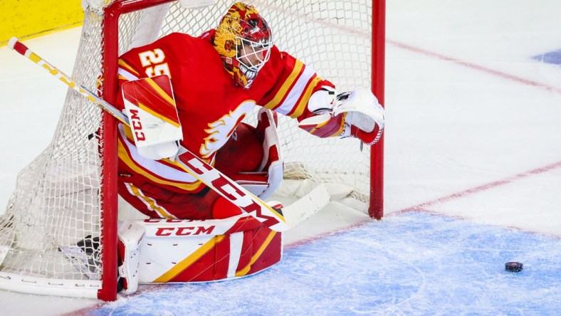 May 3, 2022; Calgary, Alberta, CAN; Calgary Flames goaltender Jacob Markstrom (25) guards his net against the Dallas Stars during the second period in game one of the first round of the 2022 Stanley Cup Playoffs at Scotiabank Saddledome. Mandatory Credit: Sergei Belski-USA TODAY Sports