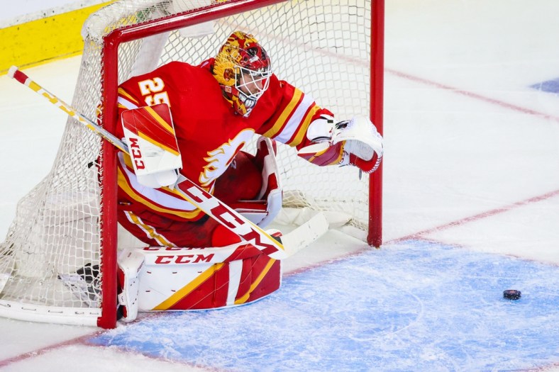 May 3, 2022; Calgary, Alberta, CAN; Calgary Flames goaltender Jacob Markstrom (25) guards his net against the Dallas Stars during the second period in game one of the first round of the 2022 Stanley Cup Playoffs at Scotiabank Saddledome. Mandatory Credit: Sergei Belski-USA TODAY Sports