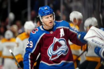 May 3, 2022; Denver, Colorado, USA; Colorado Avalanche center Nathan MacKinnon (29) celebrates his goal in the third period of game one against the Nashville Predators of the first round of the 2022 Stanley Cup Playoffs at Ball Arena. Mandatory Credit: Ron Chenoy-USA TODAY Sports