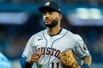 Apr 30, 2022; Toronto, Ontario, CAN; Houston Astros third baseman Niko Goodrum (11) looks on against the Toronto Blue Jays at Rogers Centre. Mandatory Credit: Kevin Sousa-USA TODAY Sports