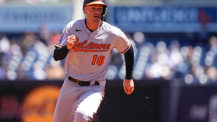 Apr 28, 2022; Bronx, New York, USA; Baltimore Orioles first baseman Trey Mancini (16) runs to third base on Baltimore Orioles left fielder Austin Hays (21) (not pictured) single against the New York Yankees during the first inning at Yankee Stadium. Mandatory Credit: Gregory Fisher-USA TODAY Sports