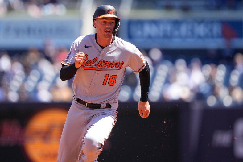 Apr 28, 2022; Bronx, New York, USA; Baltimore Orioles first baseman Trey Mancini (16) runs to third base on Baltimore Orioles left fielder Austin Hays (21) (not pictured) single against the New York Yankees during the first inning at Yankee Stadium. Mandatory Credit: Gregory Fisher-USA TODAY Sports