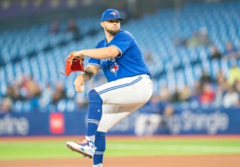 Apr 28, 2022; Toronto, Ontario, CAN; Toronto Blue Jays starting pitcher Alek Manoah (6)  throws a pitch during the first inning against the Boston Red Sox at Rogers Centre. Mandatory Credit: Nick Turchiaro-USA TODAY Sports