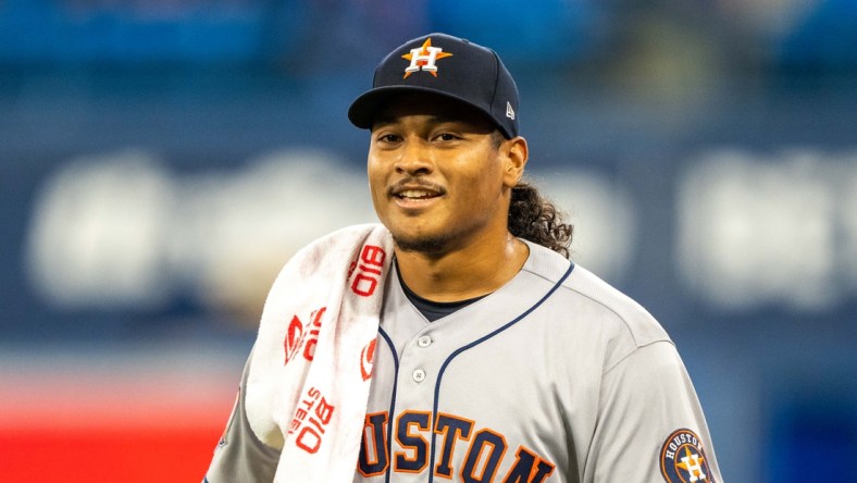 Apr 30, 2022; Toronto, Ontario, CAN;  Houston Astros starting pitcher Luis Garcia (77) looks on at an MLB game against the Toronto Blue Jays at Rogers Centre. Mandatory Credit: Kevin Sousa-USA TODAY Sports