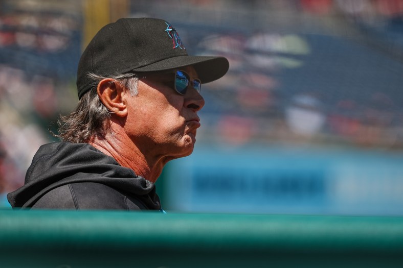 Apr 28, 2022; Washington, District of Columbia, USA; Miami Marlins manager Don Mattingly (8) looks on against the Washington Nationals at Nationals Park. Mandatory Credit: Scott Taetsch-USA TODAY Sports