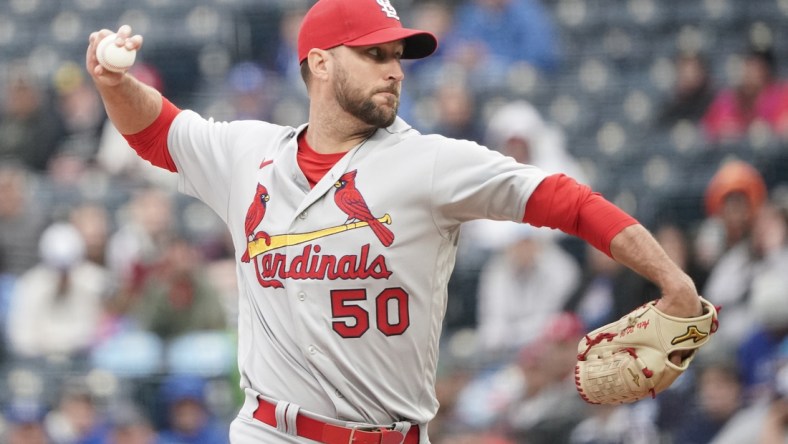 May 4, 2022; Kansas City, Missouri, USA; St. Louis Cardinals starting pitcher Adam Wainwright (50) delivers a pitch against the Kansas City Royals in the first inning at Kauffman Stadium. Mandatory Credit: Denny Medley-USA TODAY Sports