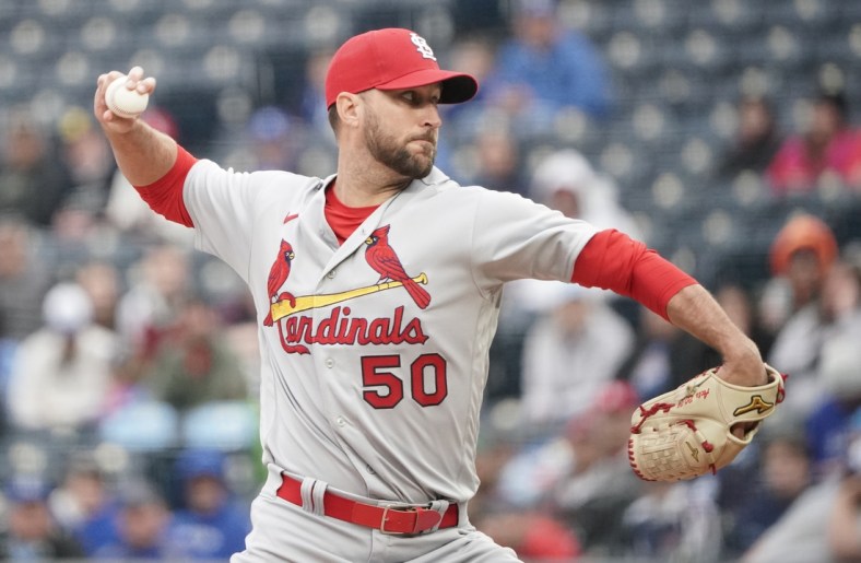 May 4, 2022; Kansas City, Missouri, USA; St. Louis Cardinals starting pitcher Adam Wainwright (50) delivers a pitch against the Kansas City Royals in the first inning at Kauffman Stadium. Mandatory Credit: Denny Medley-USA TODAY Sports