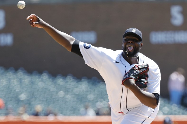May 4, 2022; Detroit, Michigan, USA;  Detroit Tigers starting pitcher Michael Pineda (38) pitches in the first inning against the Pittsburgh Pirates at Comerica Park. Mandatory Credit: Rick Osentoski-USA TODAY Sports.