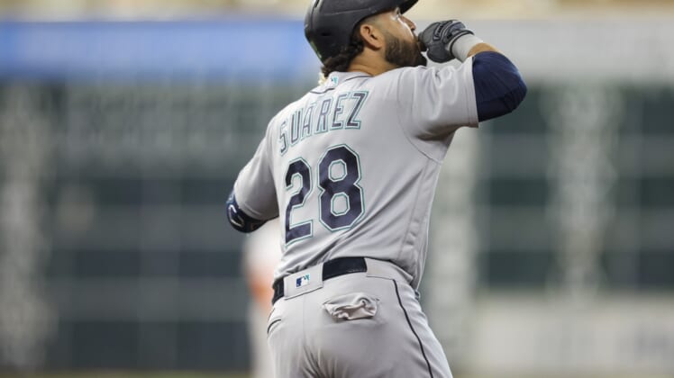 May 4, 2022; Houston, Texas, USA;  Seattle Mariners third baseman Eugenio Suarez (28) reacts to his two run home run against the Houston Astros in the seventh inning at Minute Maid Park. Mandatory Credit: Thomas Shea-USA TODAY Sports