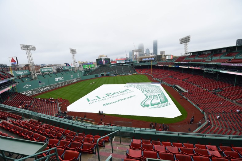 May 4, 2022; Boston, Massachusetts, USA;  A general view of the tarp on the field prior to a game between the Boston Red Sox and Los Angeles Angels at Fenway Park. Mandatory Credit: Bob DeChiara-USA TODAY Sports