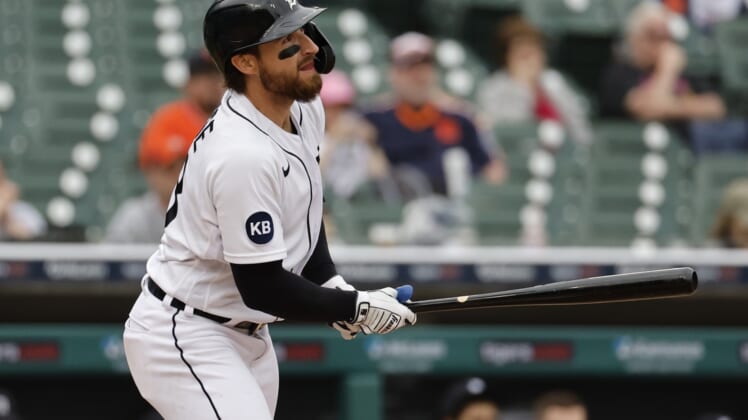 May 4, 2022; Detroit, Michigan, USA;  Detroit Tigers designated hitter Eric Haase (13) hits an RBI single in the fifth inning against the Pittsburgh Pirates at Comerica Park. Mandatory Credit: Rick Osentoski-USA TODAY Sports