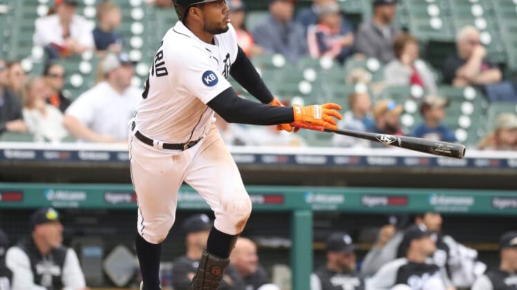 Detroit Tigers third baseman Jeimer Candelario bats against the Pittsburgh Pirates during the second inning Wednesday, May 4, 2022 at Comerica Park.Detroit Pitt 2
